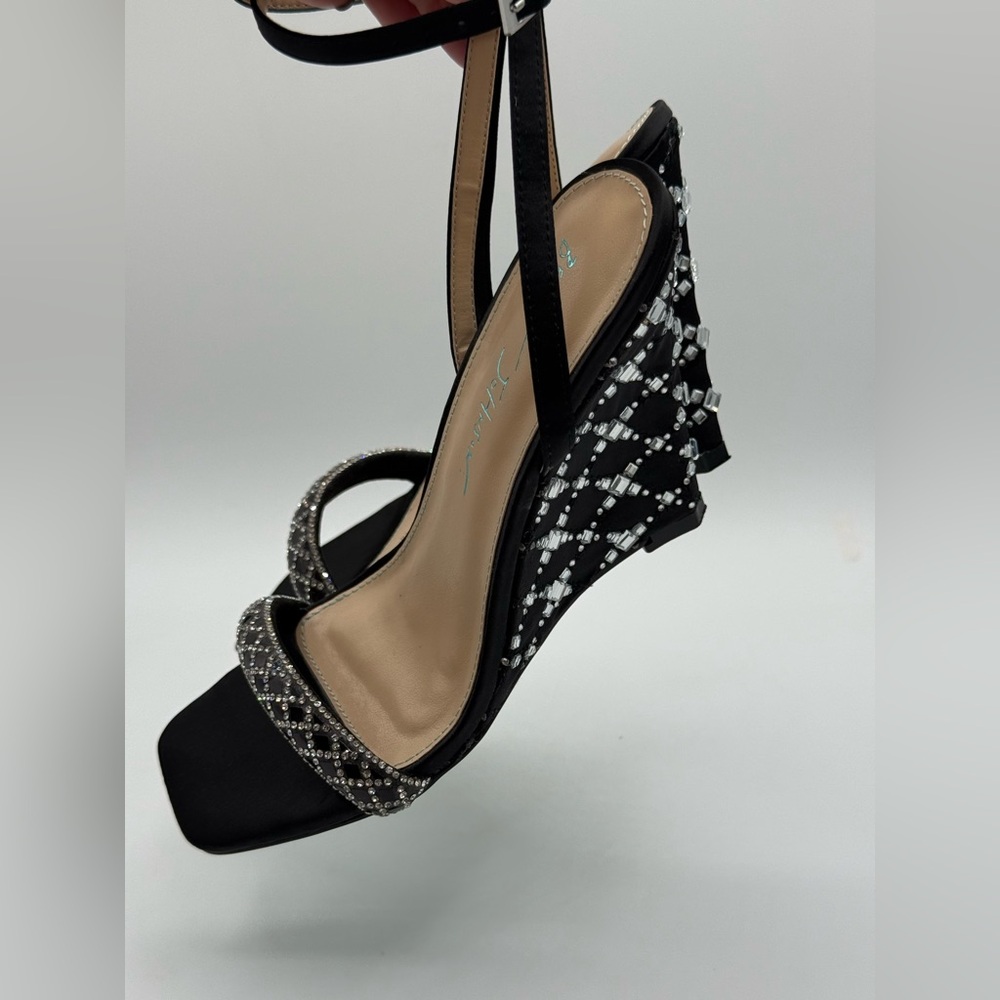Betsey Johnson Talya Elegant Black Rhinestone Wedge Sandals Sparkly Ankle Strap - Picture 15 of 17